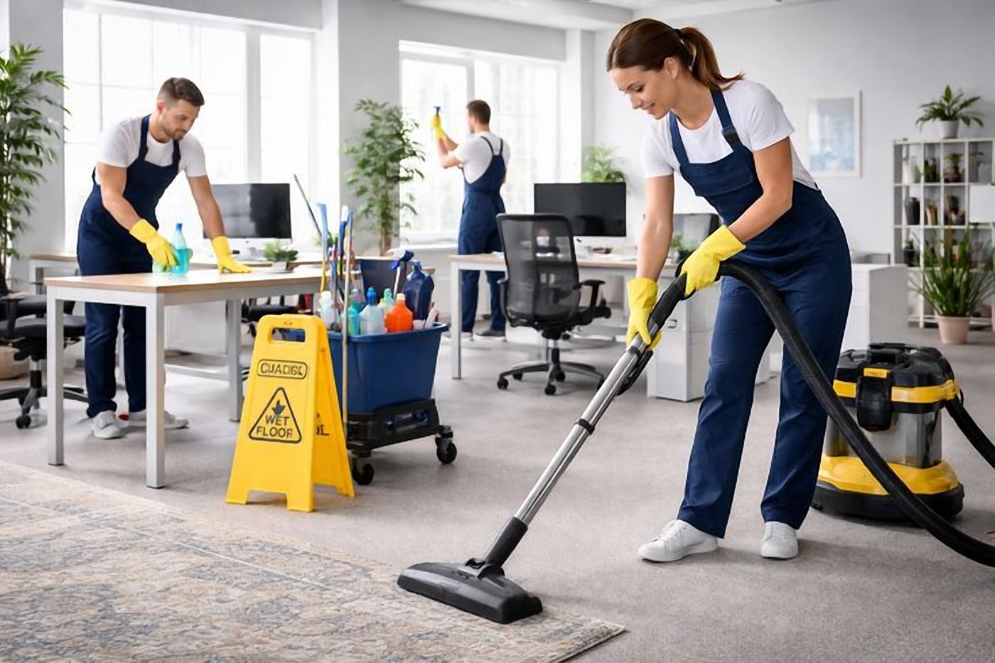 Cleaning team vacuuming and wiping desks in a modern office