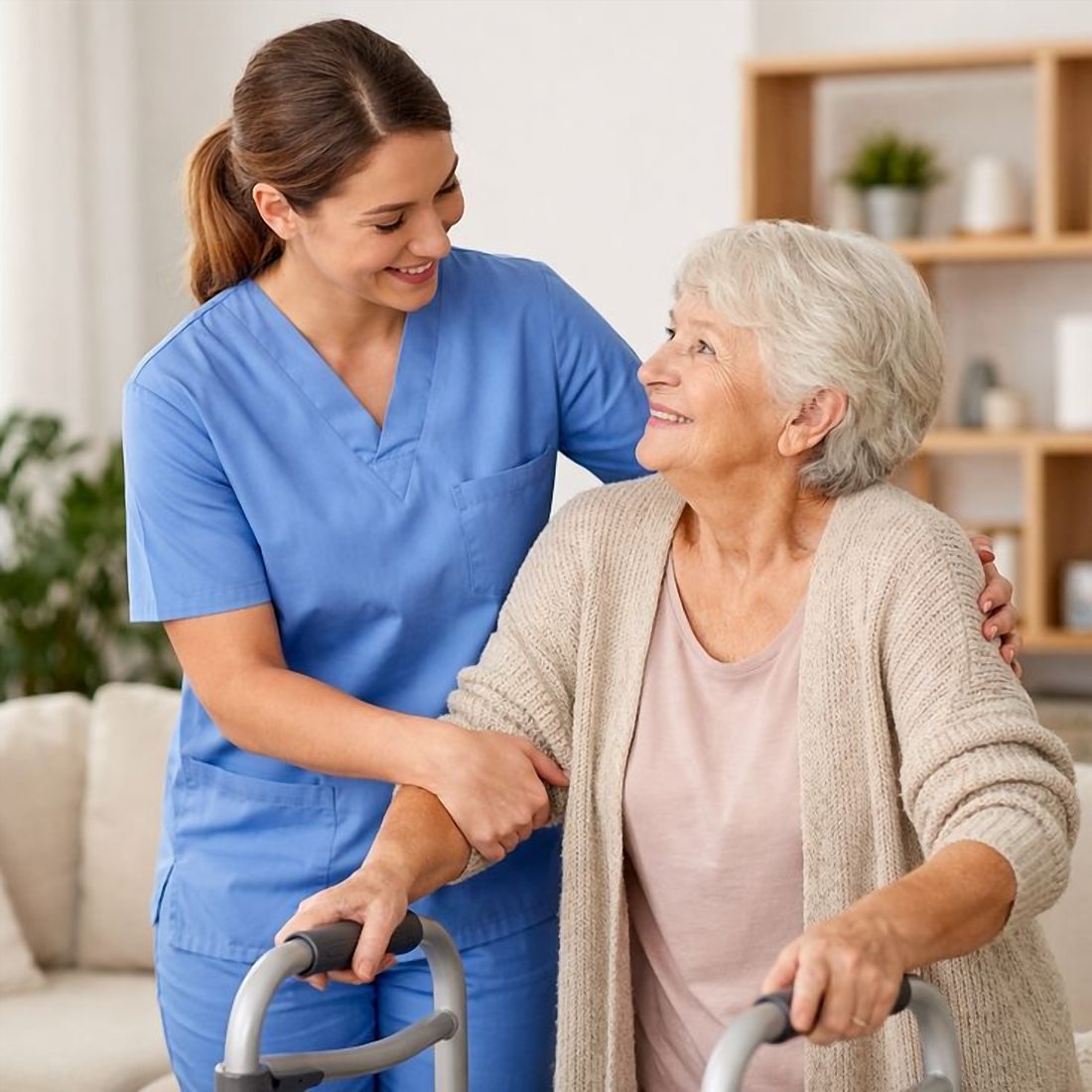 Care worker supporting a woman with a walking frame